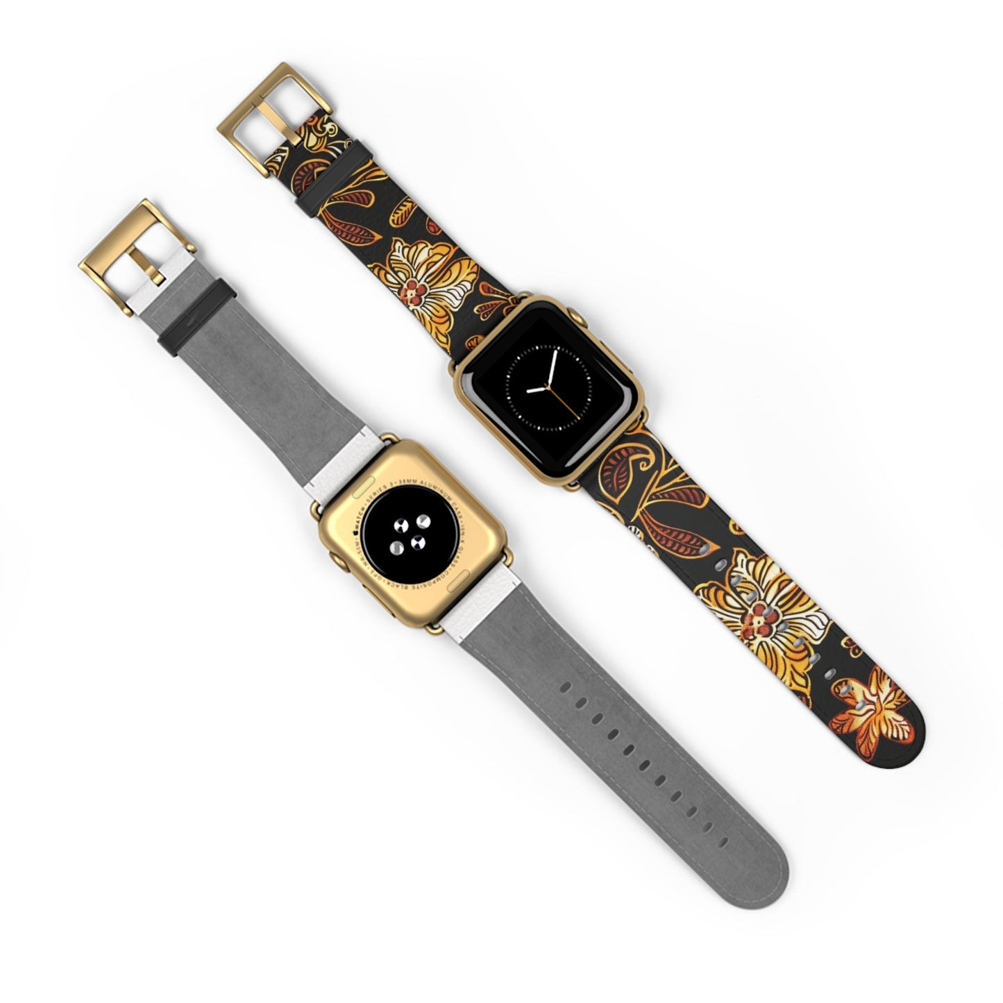 Floral Autumn Leather Watch Band — Vintage Gold & Rust Flower Strap - DIGITAL X