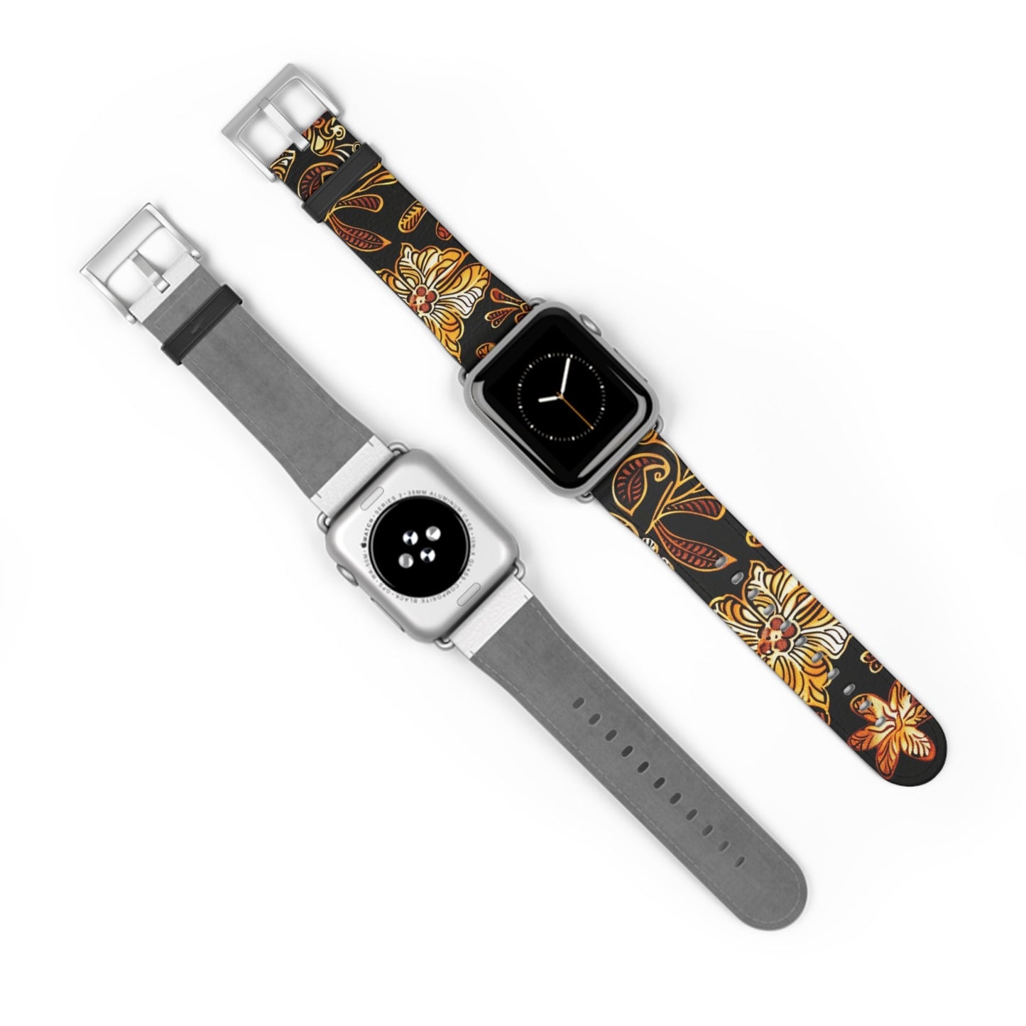 Floral Autumn Leather Watch Band — Vintage Gold & Rust Flower Strap - DIGITAL X