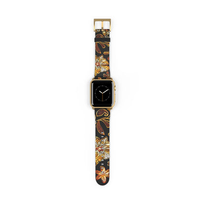 Floral Autumn Leather Watch Band — Vintage Gold & Rust Flower Strap - DIGITAL X