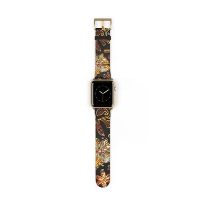 Floral Autumn Leather Watch Band — Vintage Gold & Rust Flower Strap - DIGITAL X