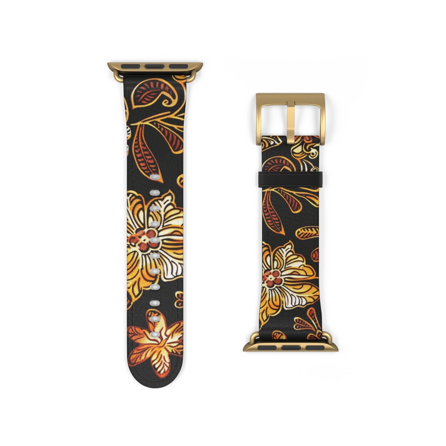 Floral Autumn Leather Watch Band — Vintage Gold & Rust Flower Strap - DIGITAL X