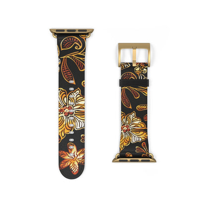 Floral Autumn Leather Watch Band — Vintage Gold & Rust Flower Strap - DIGITAL X