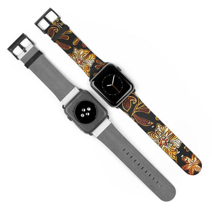 Floral Autumn Leather Watch Band — Vintage Gold & Rust Flower Strap - DIGITAL X
