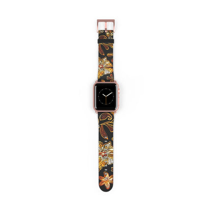Floral Autumn Leather Watch Band — Vintage Gold & Rust Flower Strap - DIGITAL X