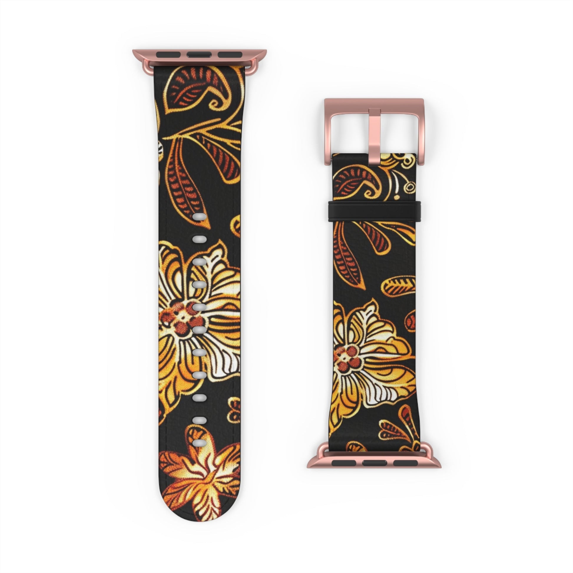 Floral Autumn Leather Watch Band — Vintage Gold & Rust Flower Strap - DIGITAL X