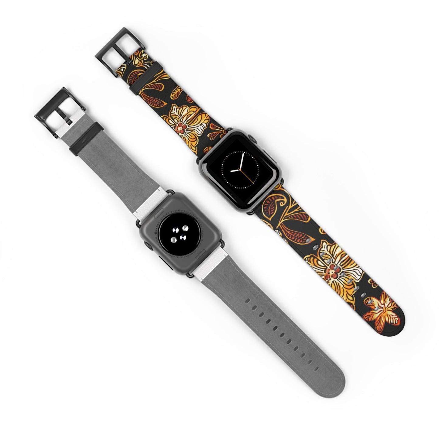 Floral Autumn Leather Watch Band — Vintage Gold & Rust Flower Strap - DIGITAL X