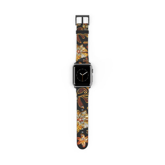 Floral Autumn Leather Watch Band — Vintage Gold & Rust Flower Strap - DIGITAL X