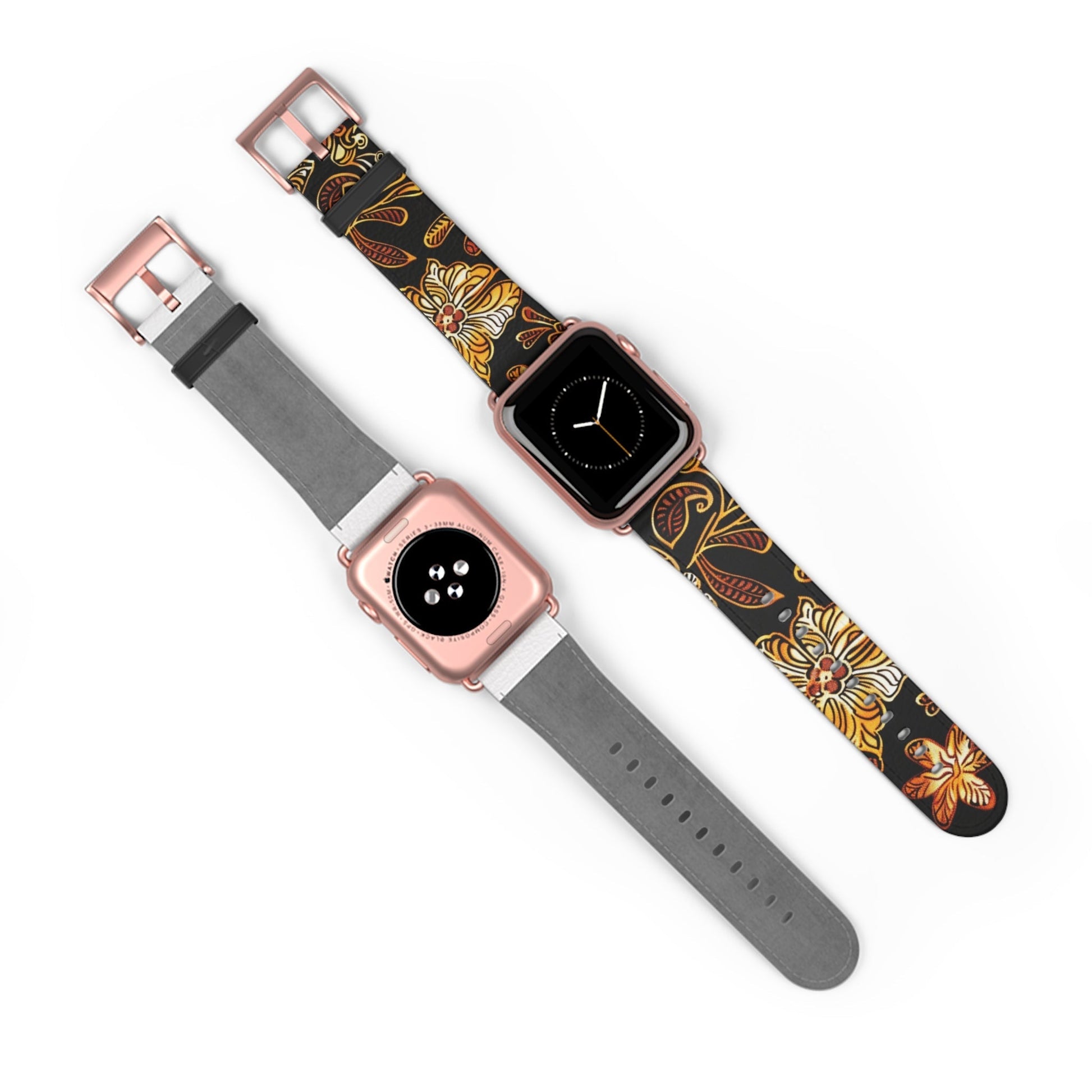 Floral Autumn Leather Watch Band — Vintage Gold & Rust Flower Strap - DIGITAL X