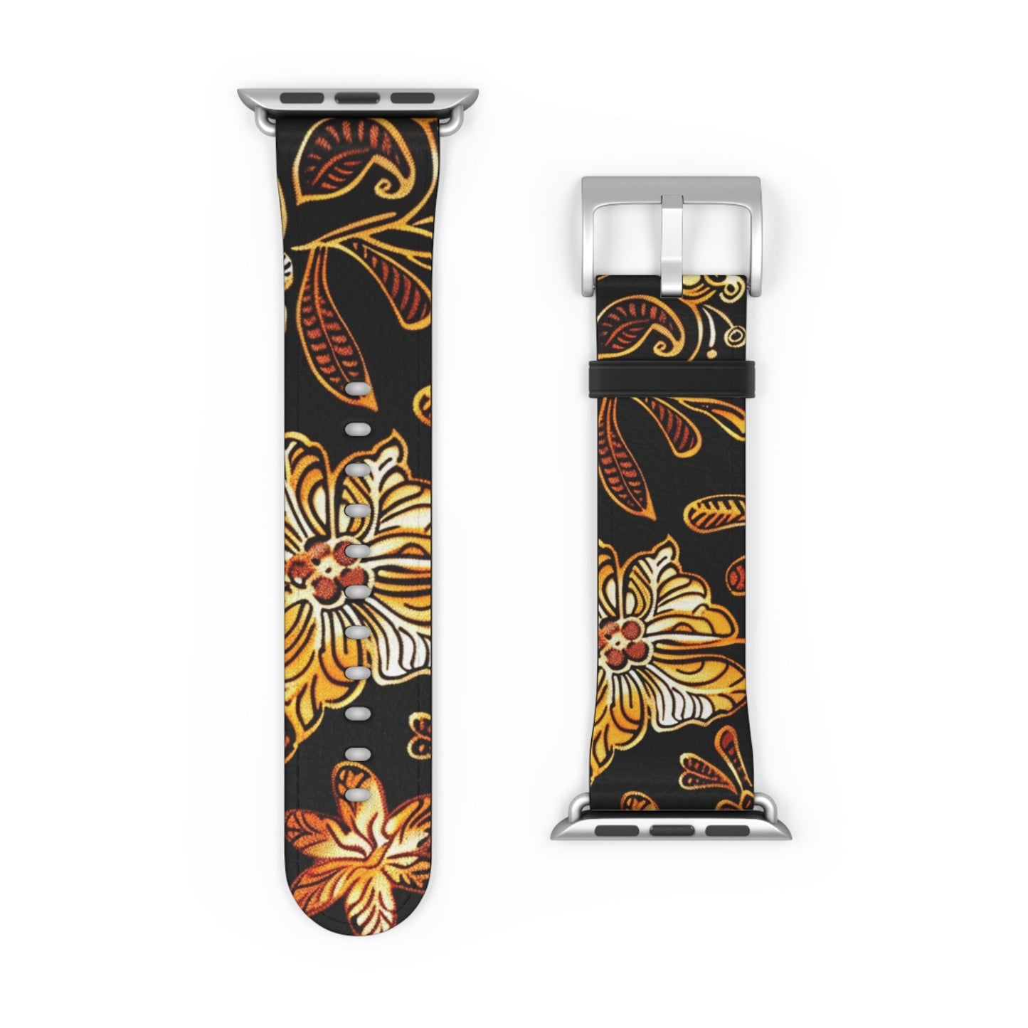 Floral Autumn Leather Watch Band — Vintage Gold & Rust Flower Strap - DIGITAL X