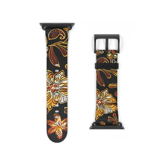 Floral Autumn Leather Watch Band — Vintage Gold & Rust Flower Strap - DIGITAL X