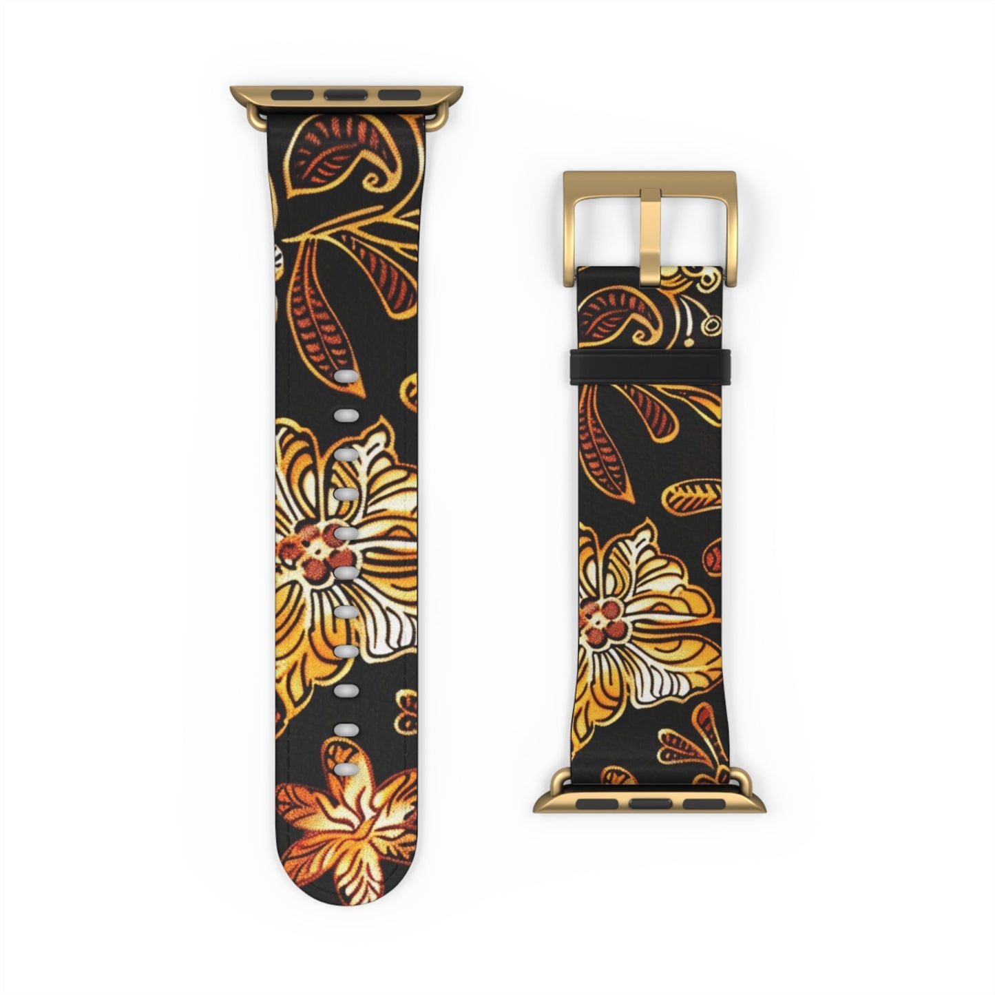 Floral Autumn Leather Watch Band — Vintage Gold & Rust Flower Strap - DIGITAL X