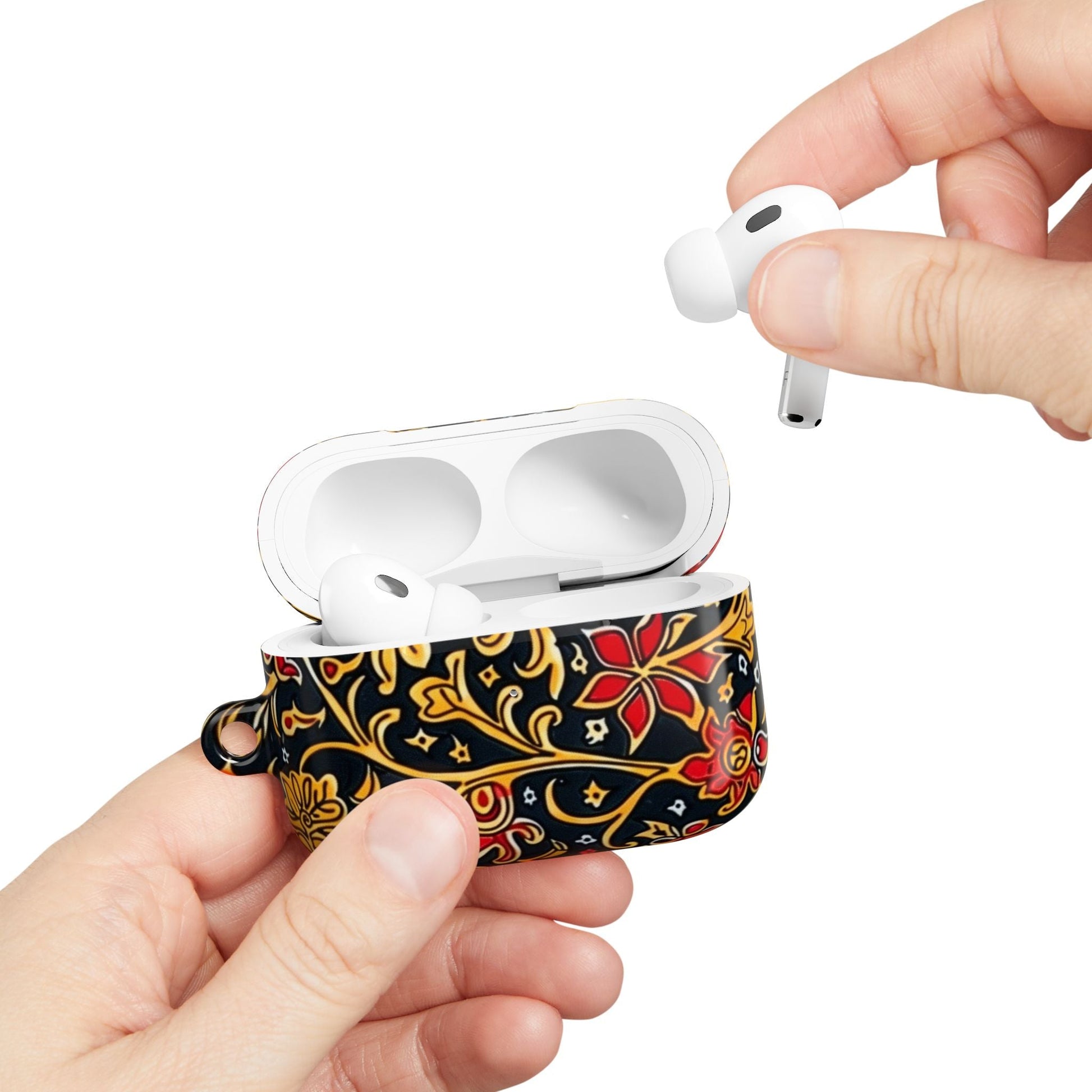 Floral Baroque AirPod Case — Black, Gold & Red Ornate Pattern - DIGITAL X