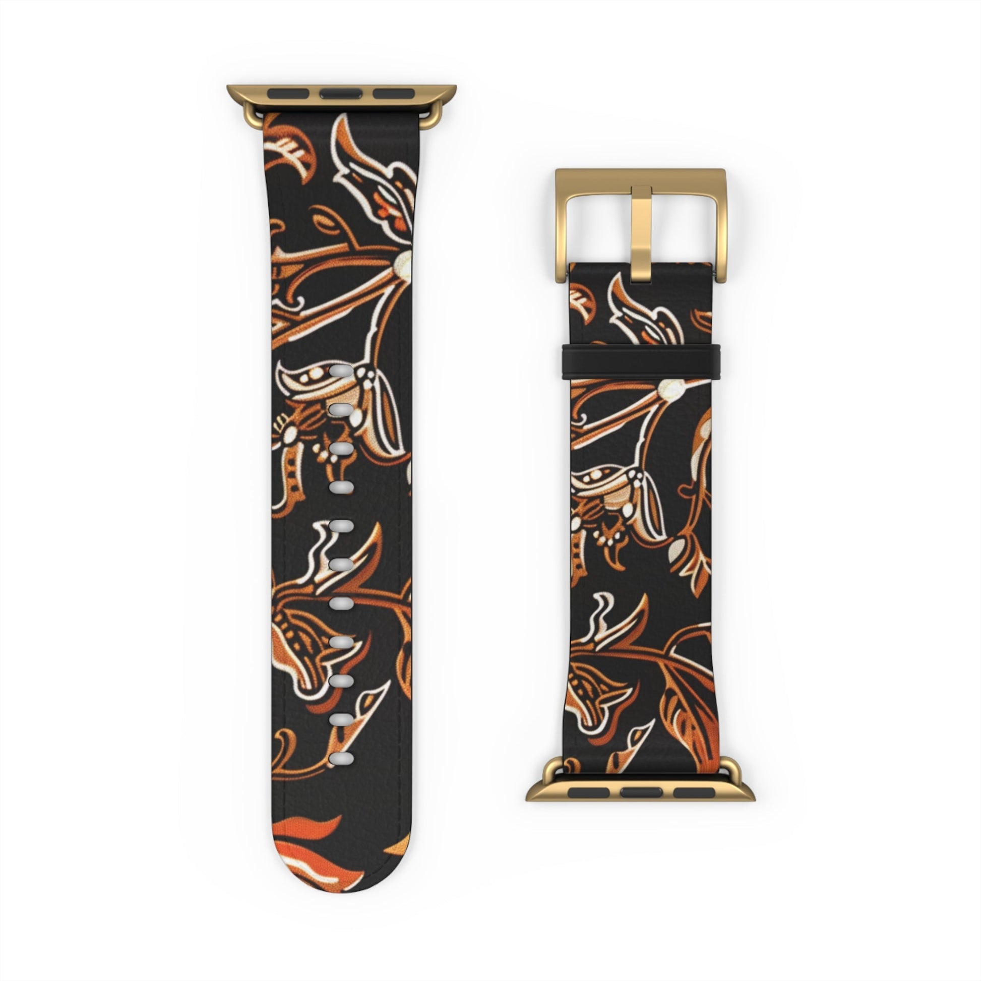 Floral Batik Leather Watch Band — Black & Copper Patterned Apple Watch Strap - DIGITAL X
