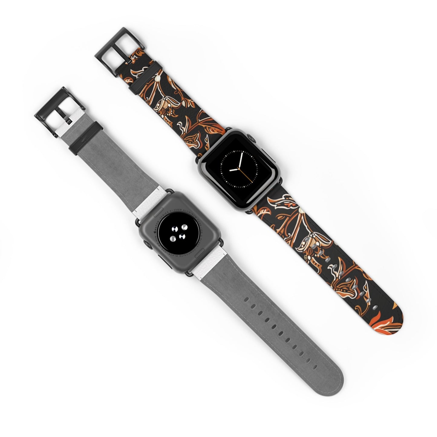 Floral Batik Leather Watch Band — Black & Copper Patterned Apple Watch Strap - DIGITAL X