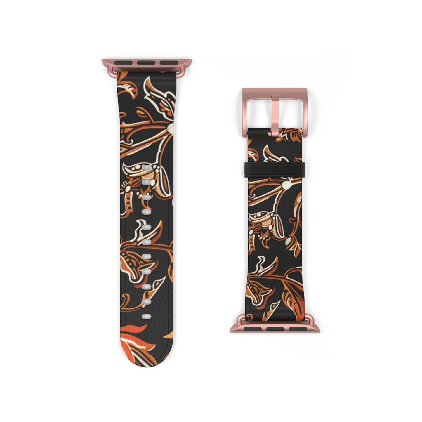 Floral Batik Leather Watch Band — Black & Copper Patterned Apple Watch Strap - DIGITAL X