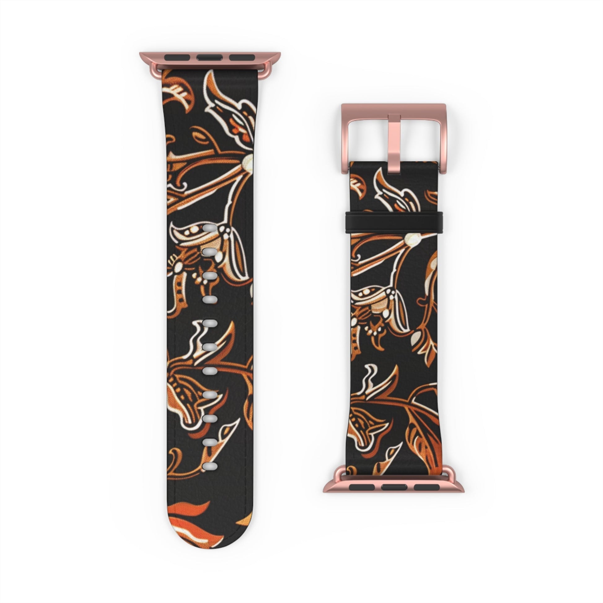 Floral Batik Leather Watch Band — Black & Copper Patterned Apple Watch Strap - DIGITAL X