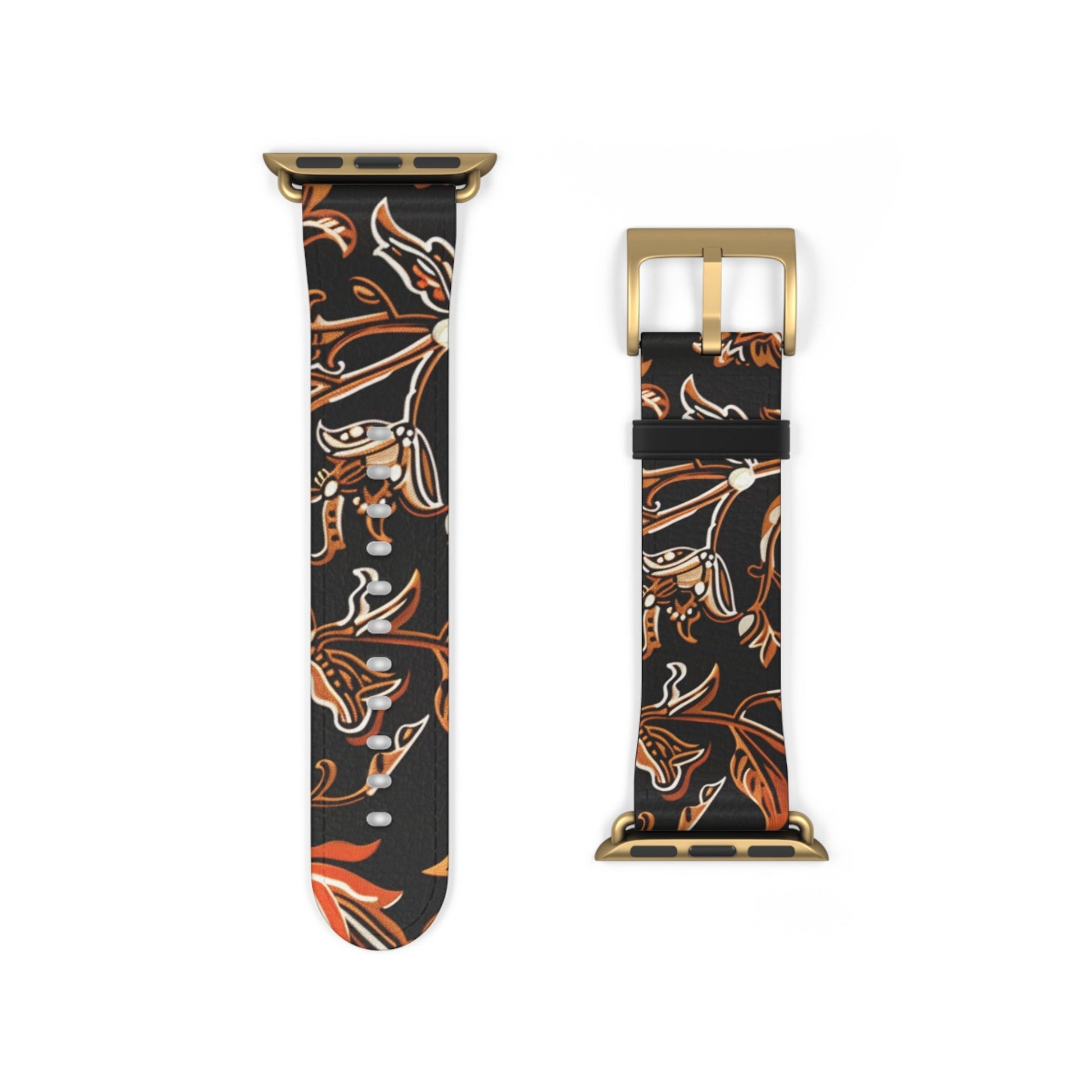 Floral Batik Leather Watch Band — Black & Copper Patterned Apple Watch Strap - DIGITAL X