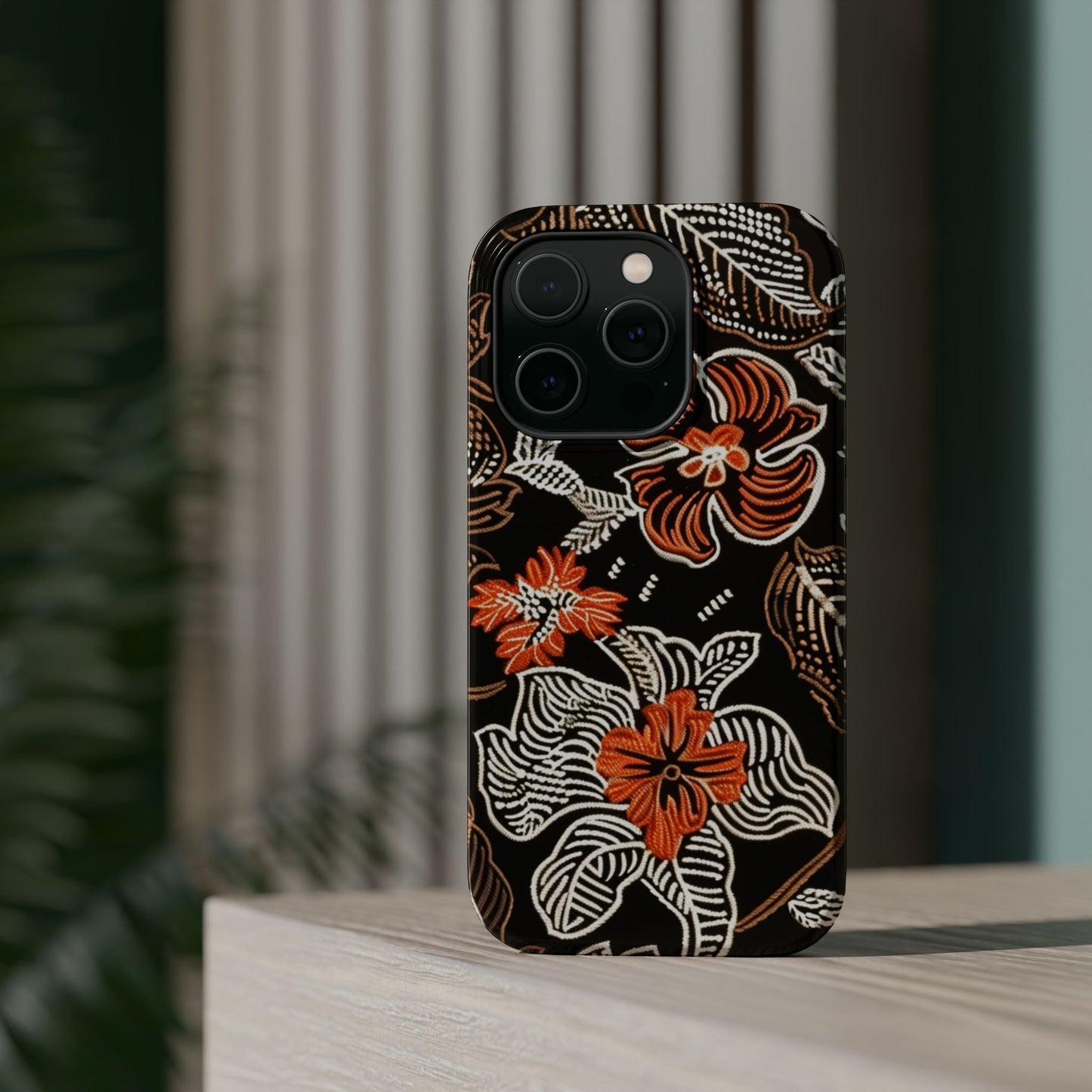 Floral Batik Magnetic Impact Phone Case — Orange & Black Protective Cover - DIGITAL X