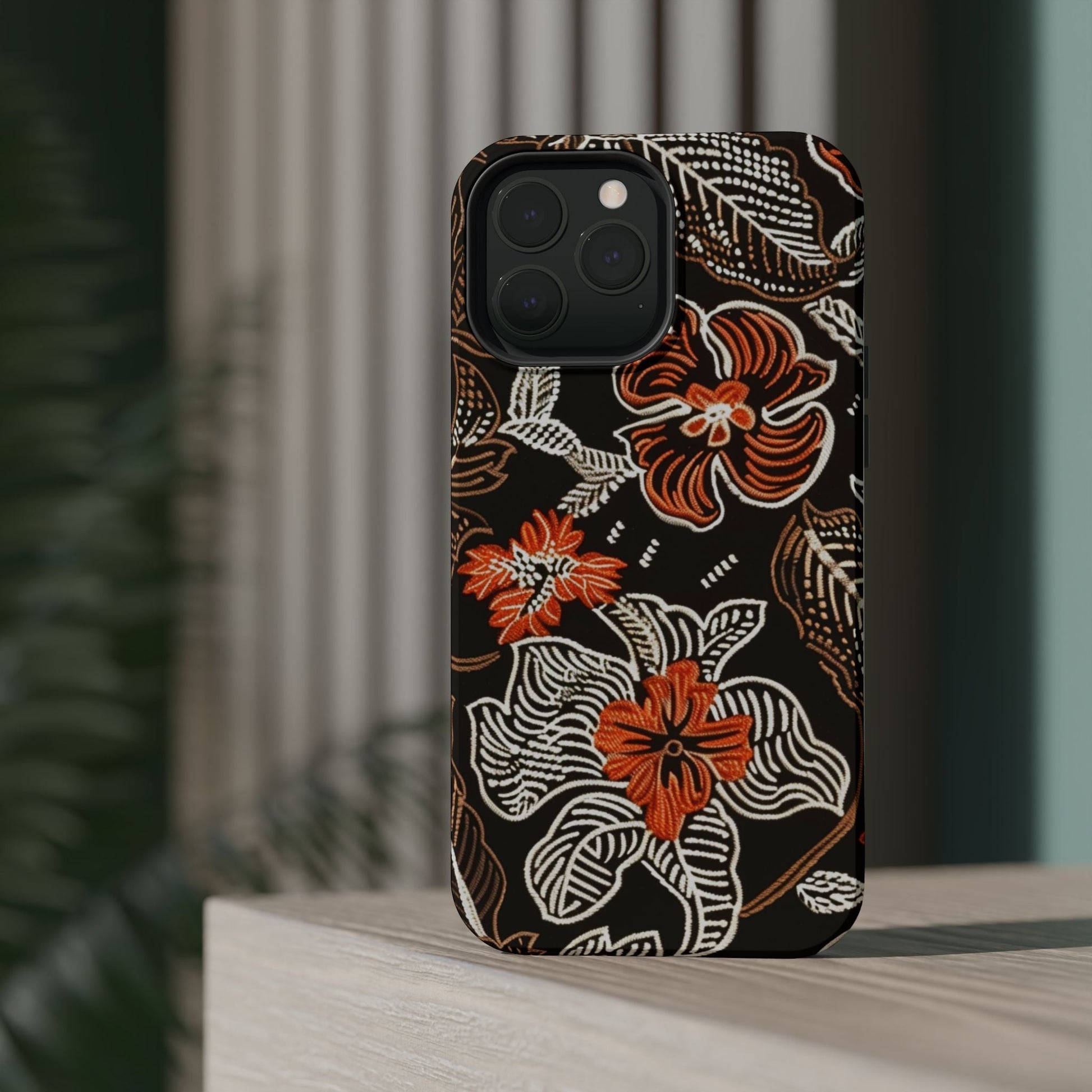 Floral Batik Magnetic Impact Phone Case — Orange & Black Protective Cover - DIGITAL X