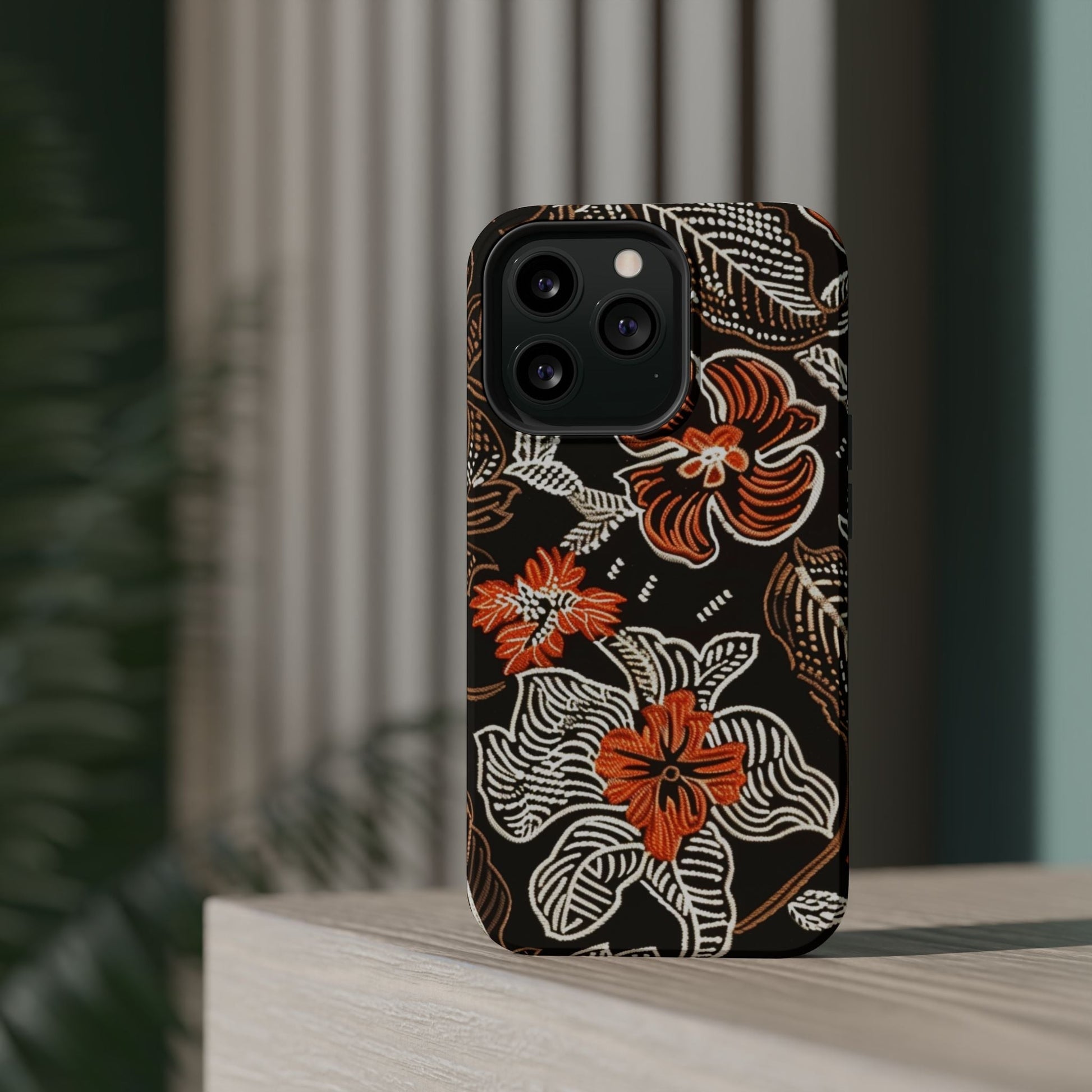 Floral Batik Magnetic Impact Phone Case — Orange & Black Protective Cover - DIGITAL X