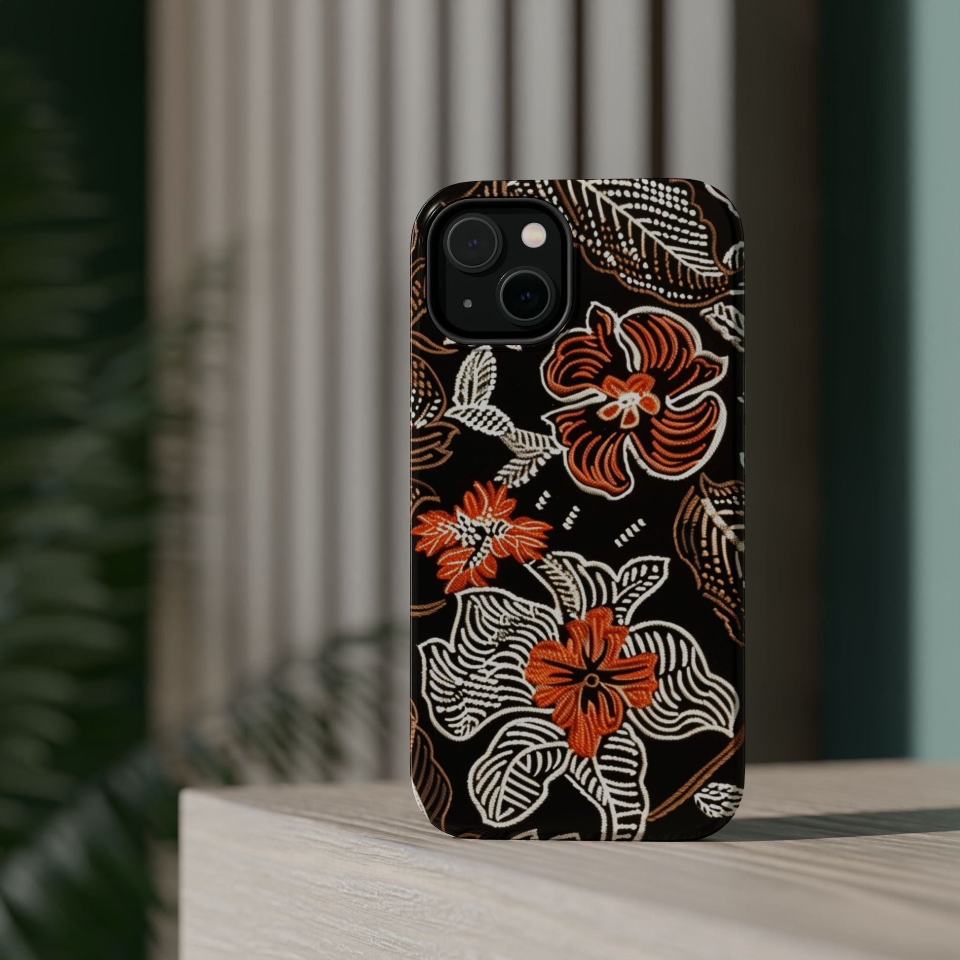 Floral Batik Magnetic Impact Phone Case — Orange & Black Protective Cover - DIGITAL X