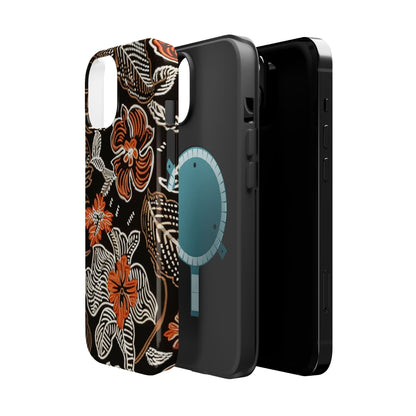 Floral Batik Magnetic Impact Phone Case — Orange & Black Protective Cover - DIGITAL X