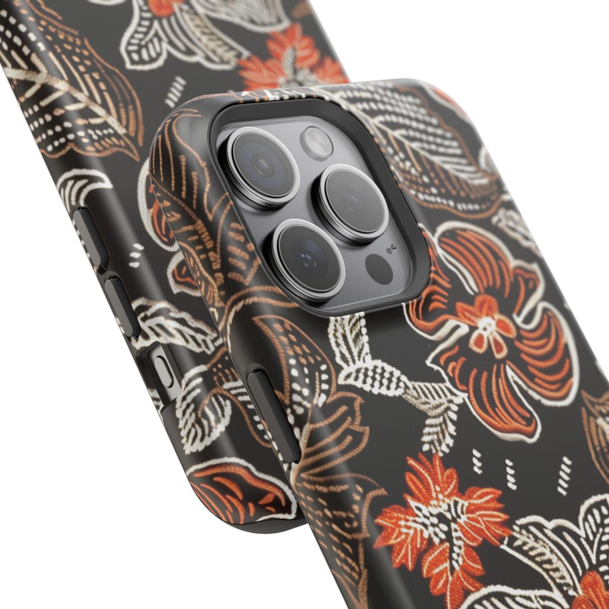 Floral Batik Magnetic Impact Phone Case — Orange & Black Protective Cover - DIGITAL X