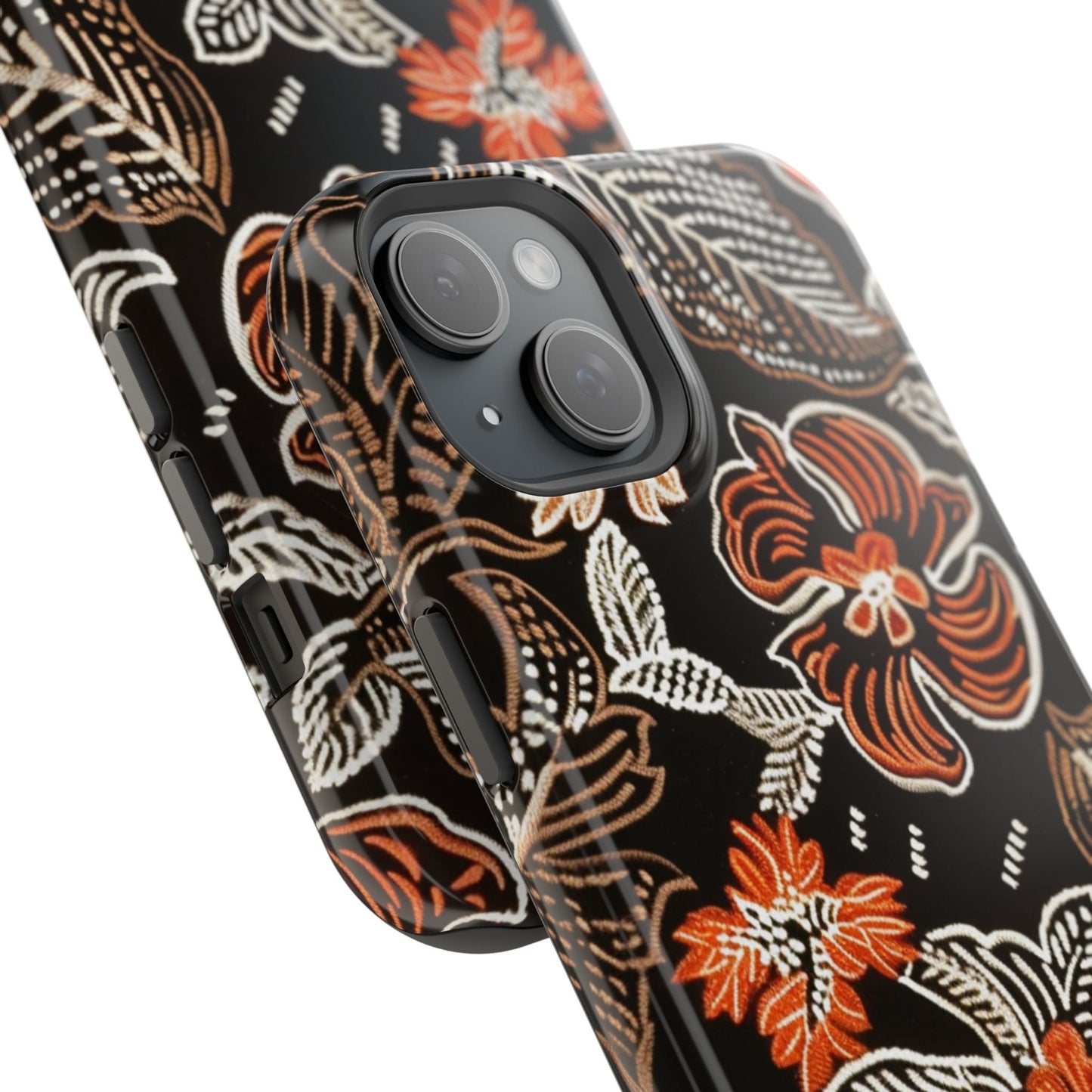 Floral Batik Magnetic Impact Phone Case — Orange & Black Protective Cover - DIGITAL X