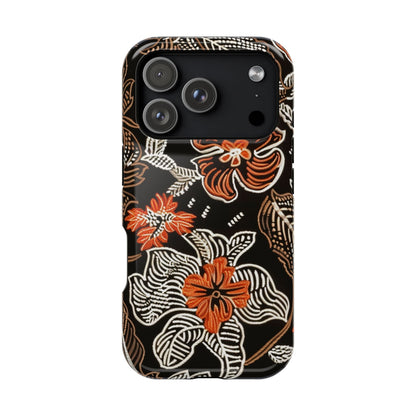 Floral Batik Magnetic Impact Phone Case — Orange & Black Protective Cover - DIGITAL X