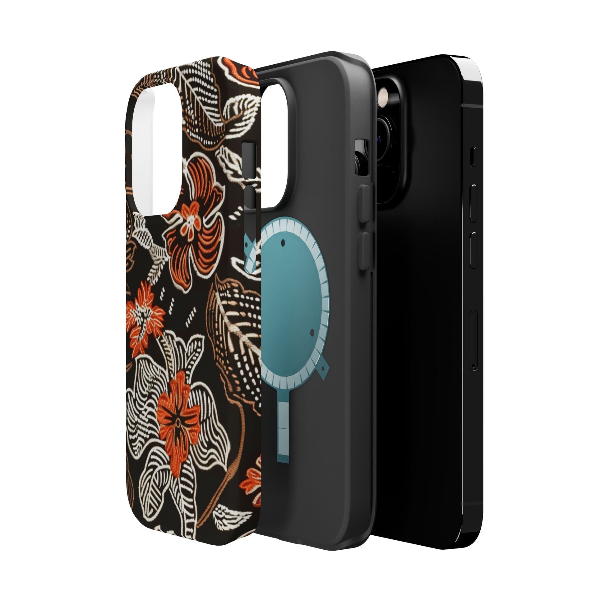 Floral Batik Magnetic Impact Phone Case — Orange & Black Protective Cover - DIGITAL X