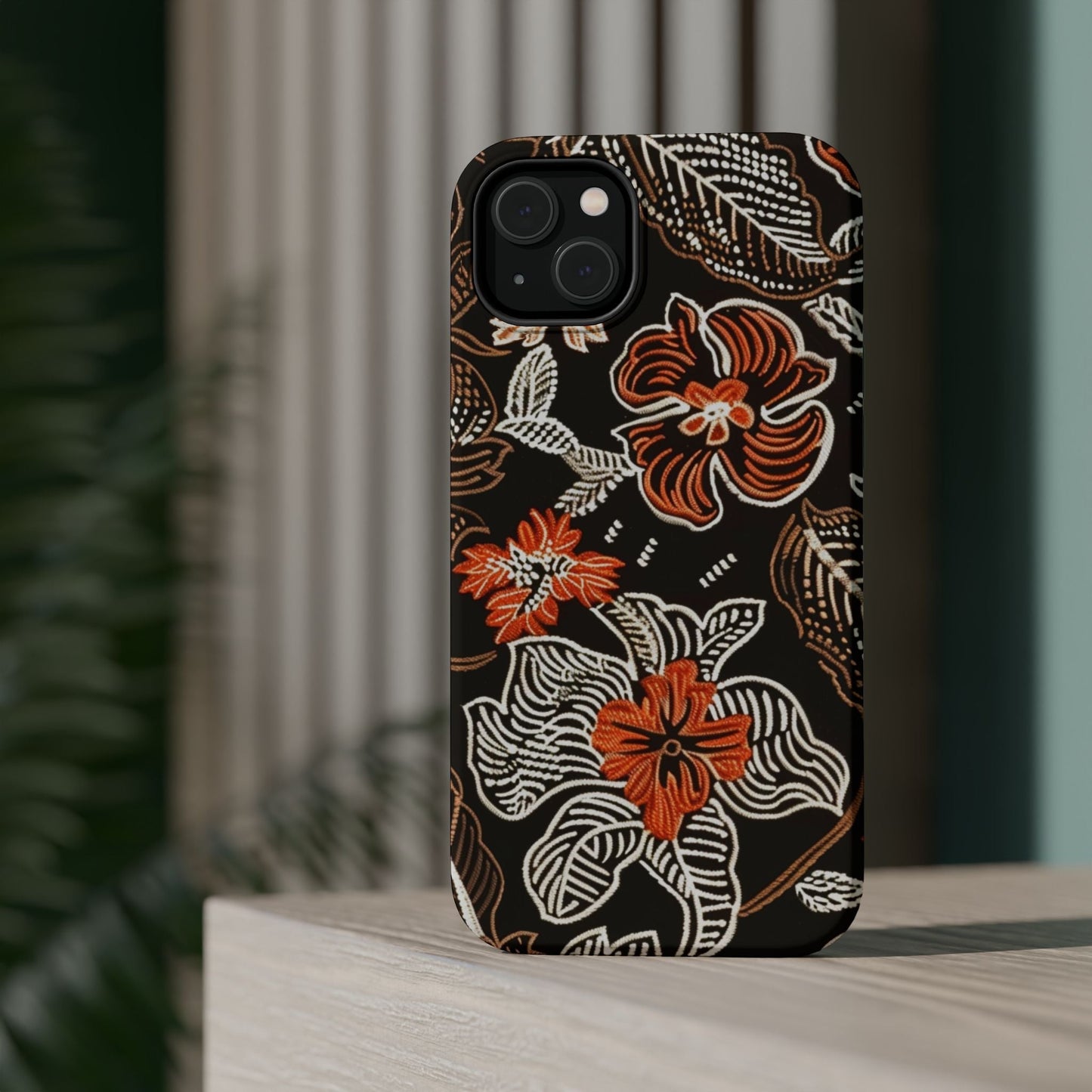 Floral Batik Magnetic Impact Phone Case — Orange & Black Protective Cover - DIGITAL X