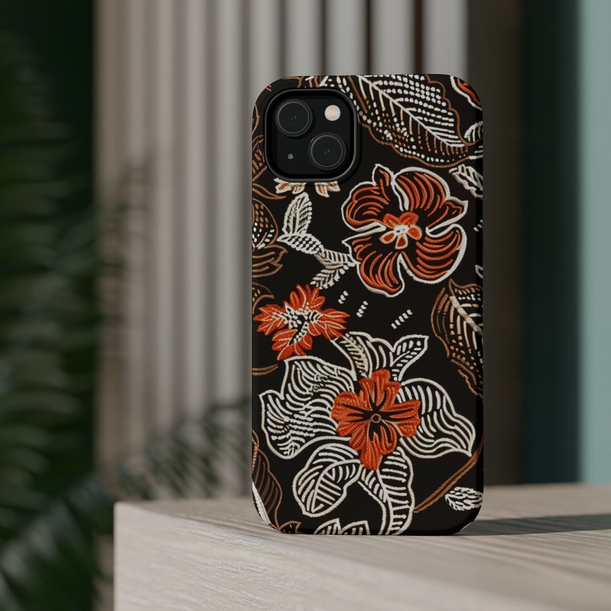 Floral Batik Magnetic Impact Phone Case — Orange & Black Protective Cover - DIGITAL X