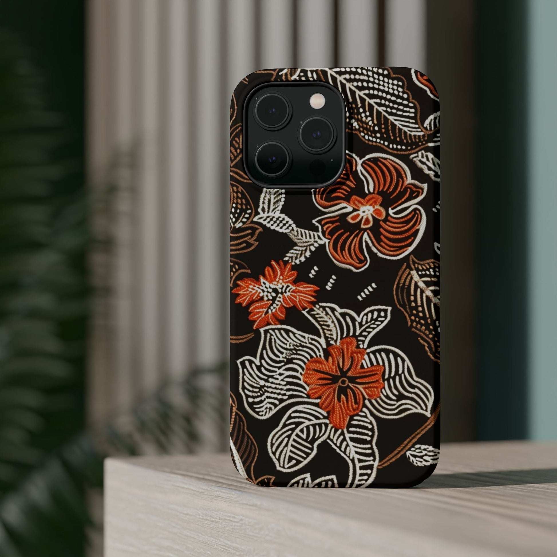 Floral Batik Magnetic Impact Phone Case — Orange & Black Protective Cover - DIGITAL X