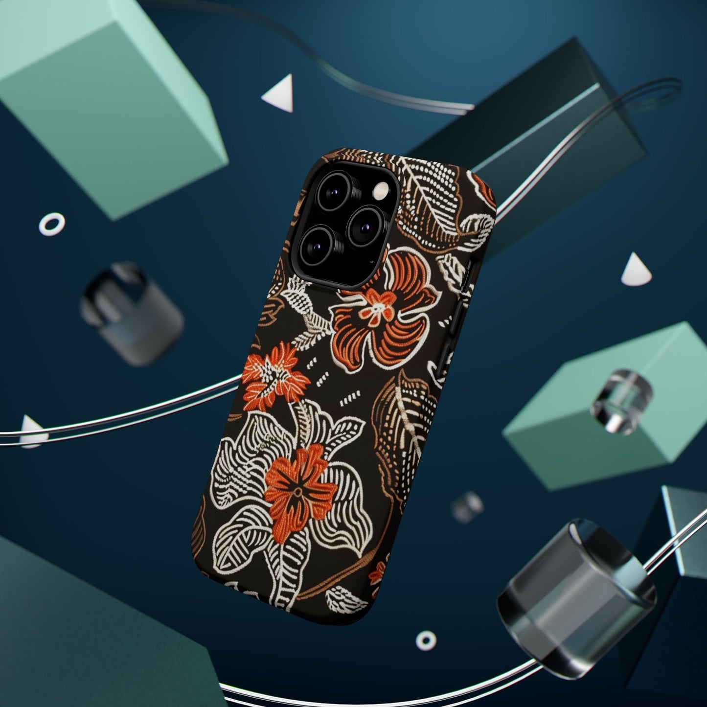 Floral Batik Magnetic Impact Phone Case — Orange & Black Protective Cover - DIGITAL X