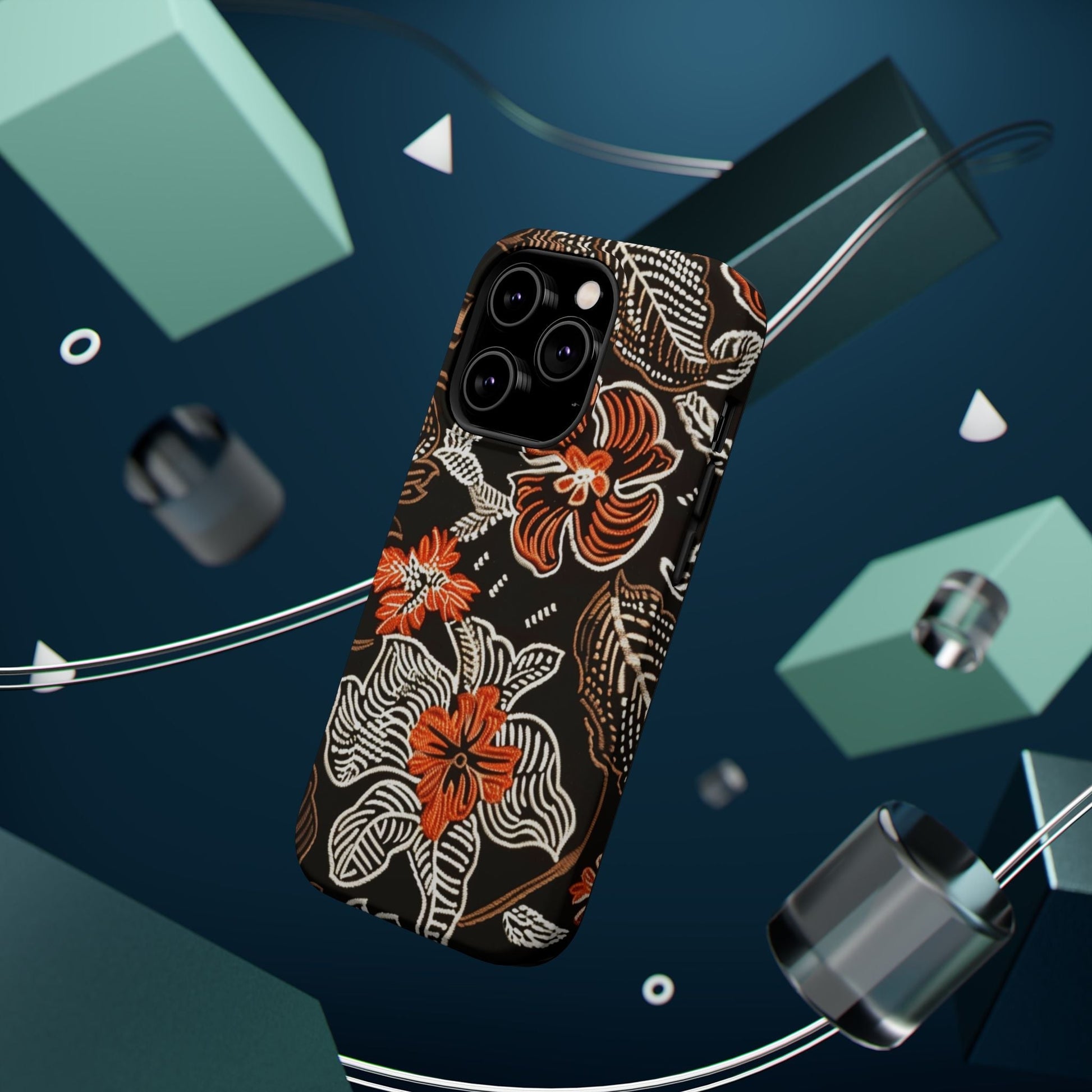Floral Batik Magnetic Impact Phone Case — Orange & Black Protective Cover - DIGITAL X