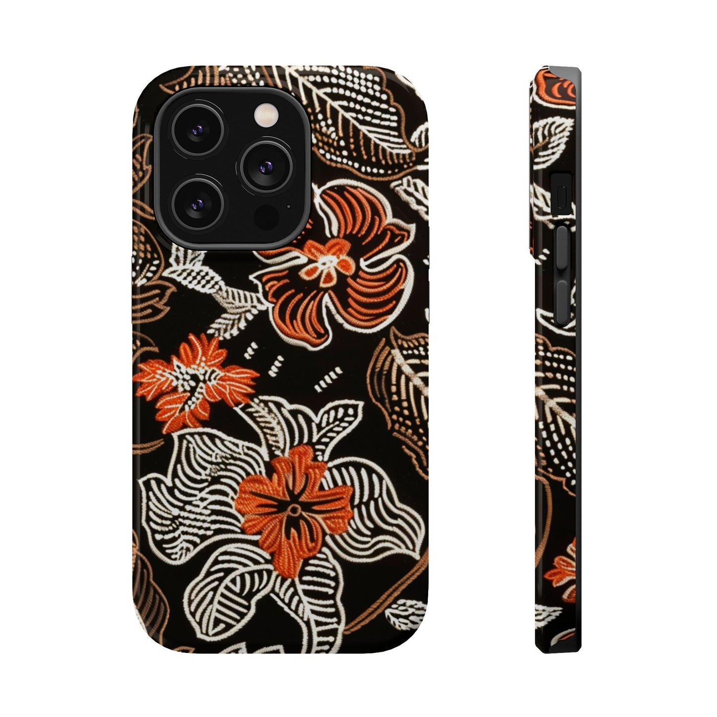 Floral Batik Magnetic Impact Phone Case — Orange & Black Protective Cover - DIGITAL X