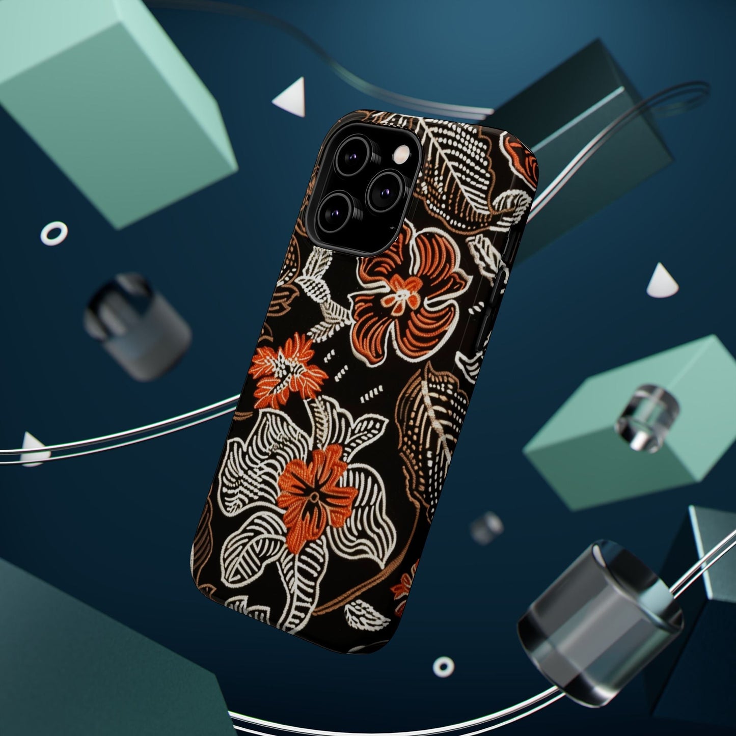 Floral Batik Magnetic Impact Phone Case — Orange & Black Protective Cover - DIGITAL X