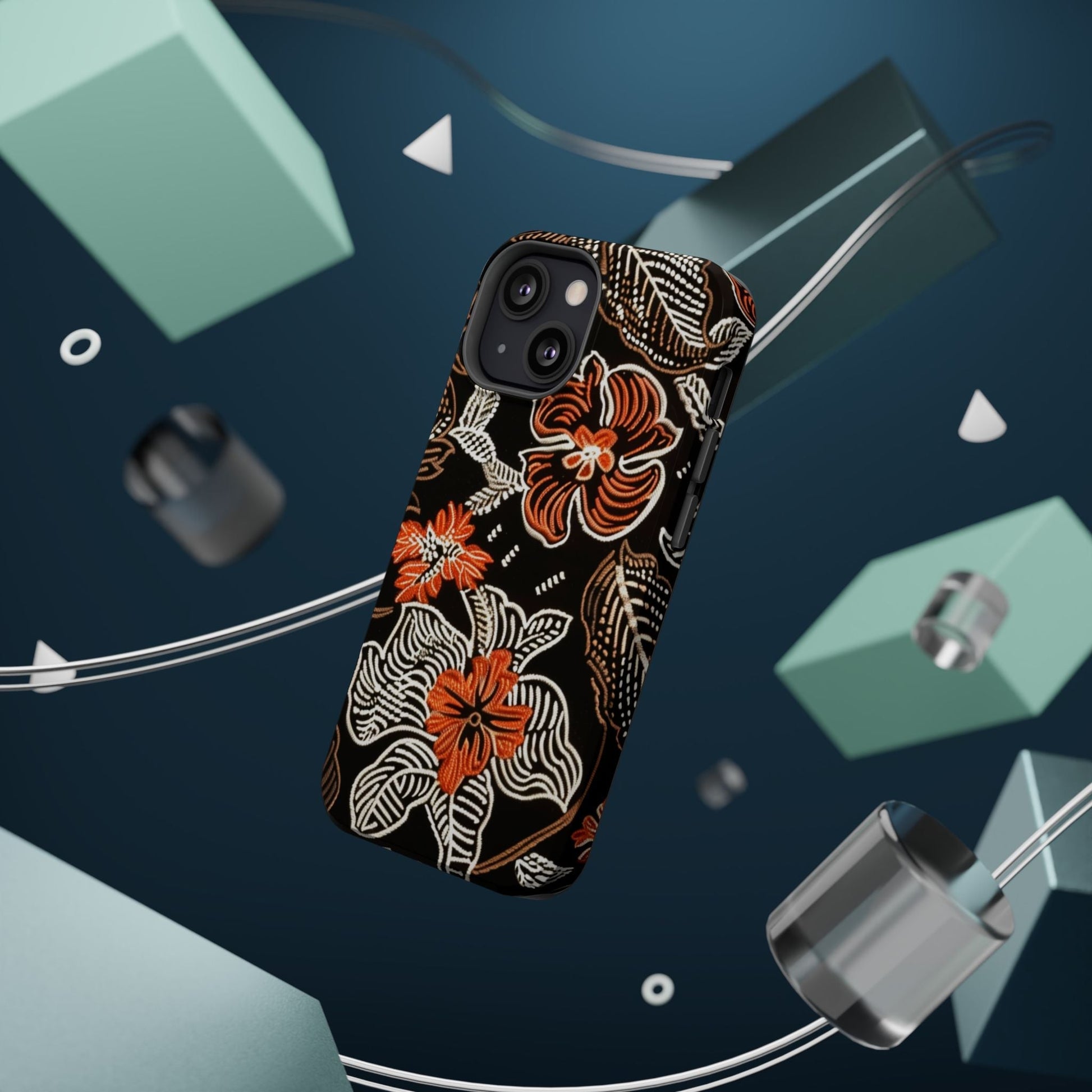 Floral Batik Magnetic Impact Phone Case — Orange & Black Protective Cover - DIGITAL X