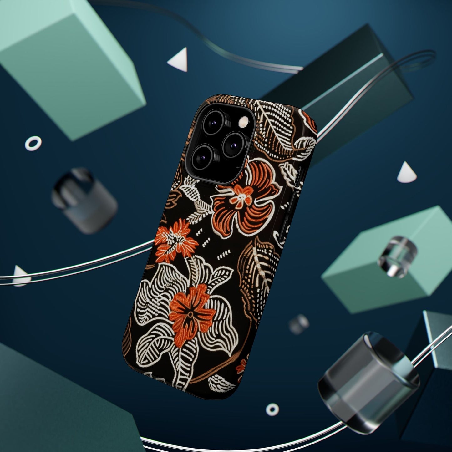 Floral Batik Magnetic Impact Phone Case — Orange & Black Protective Cover - DIGITAL X