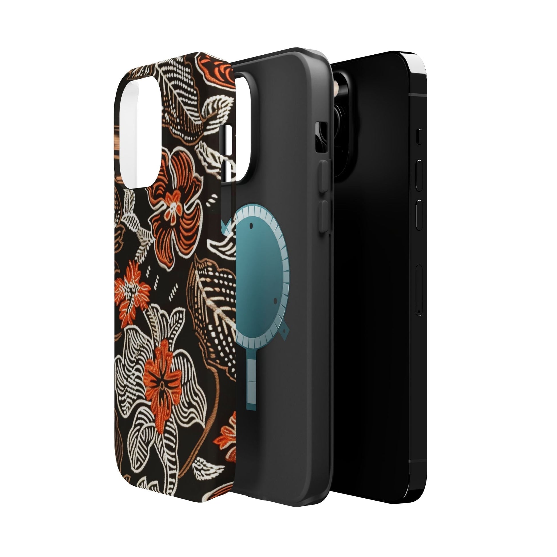 Floral Batik Magnetic Impact Phone Case — Orange & Black Protective Cover - DIGITAL X