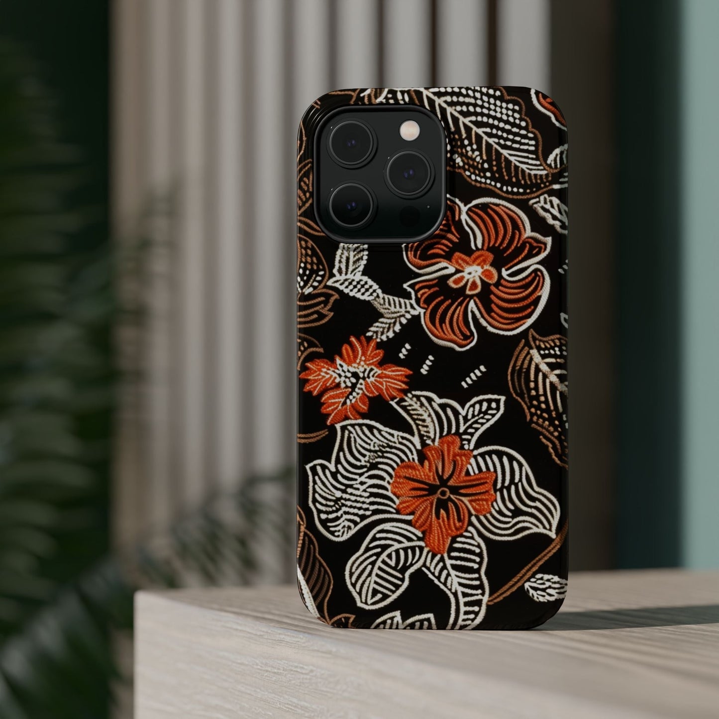 Floral Batik Magnetic Impact Phone Case — Orange & Black Protective Cover - DIGITAL X