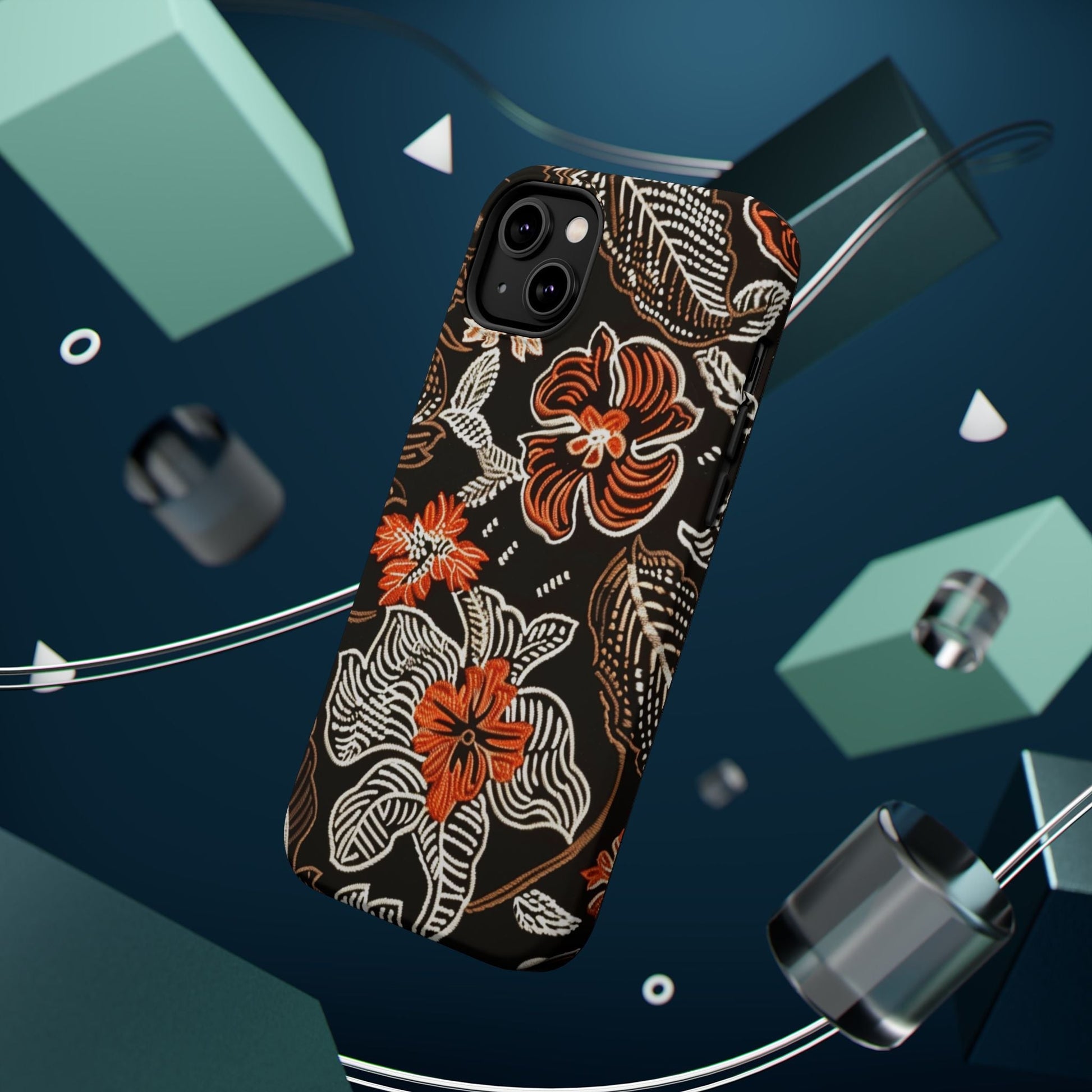 Floral Batik Magnetic Impact Phone Case — Orange & Black Protective Cover - DIGITAL X