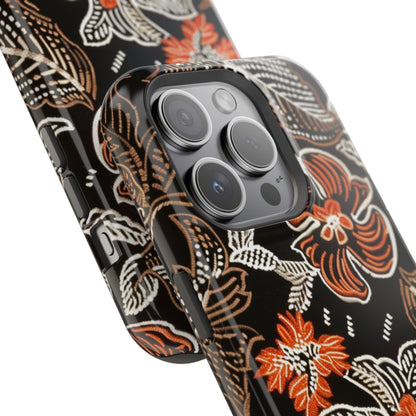Floral Batik Magnetic Impact Phone Case — Orange & Black Protective Cover - DIGITAL X
