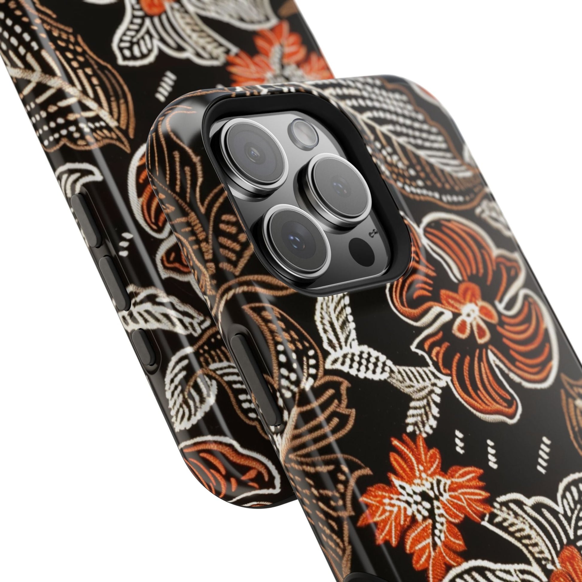 Floral Batik Magnetic Impact Phone Case — Orange & Black Protective Cover - DIGITAL X