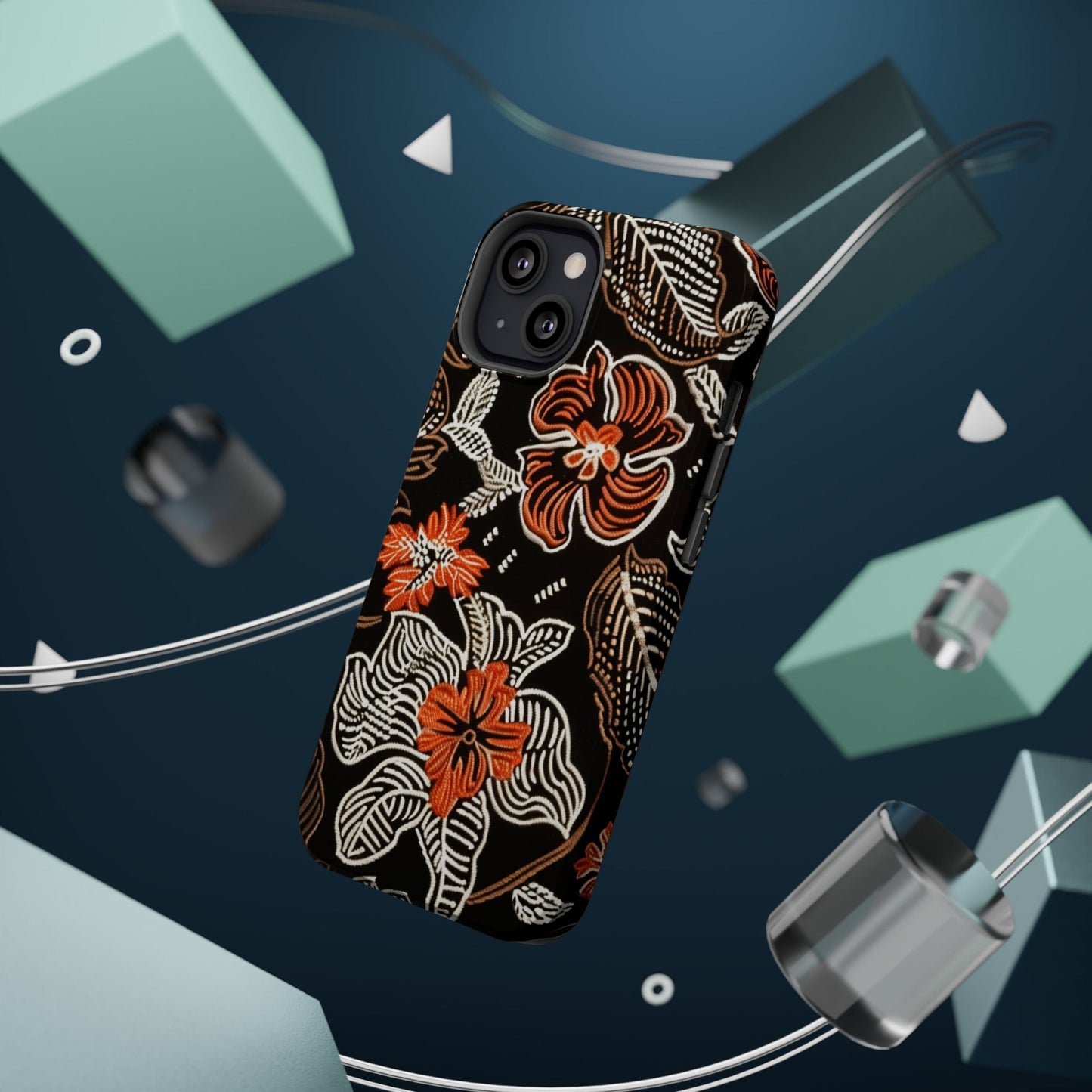 Floral Batik Magnetic Impact Phone Case — Orange & Black Protective Cover - DIGITAL X