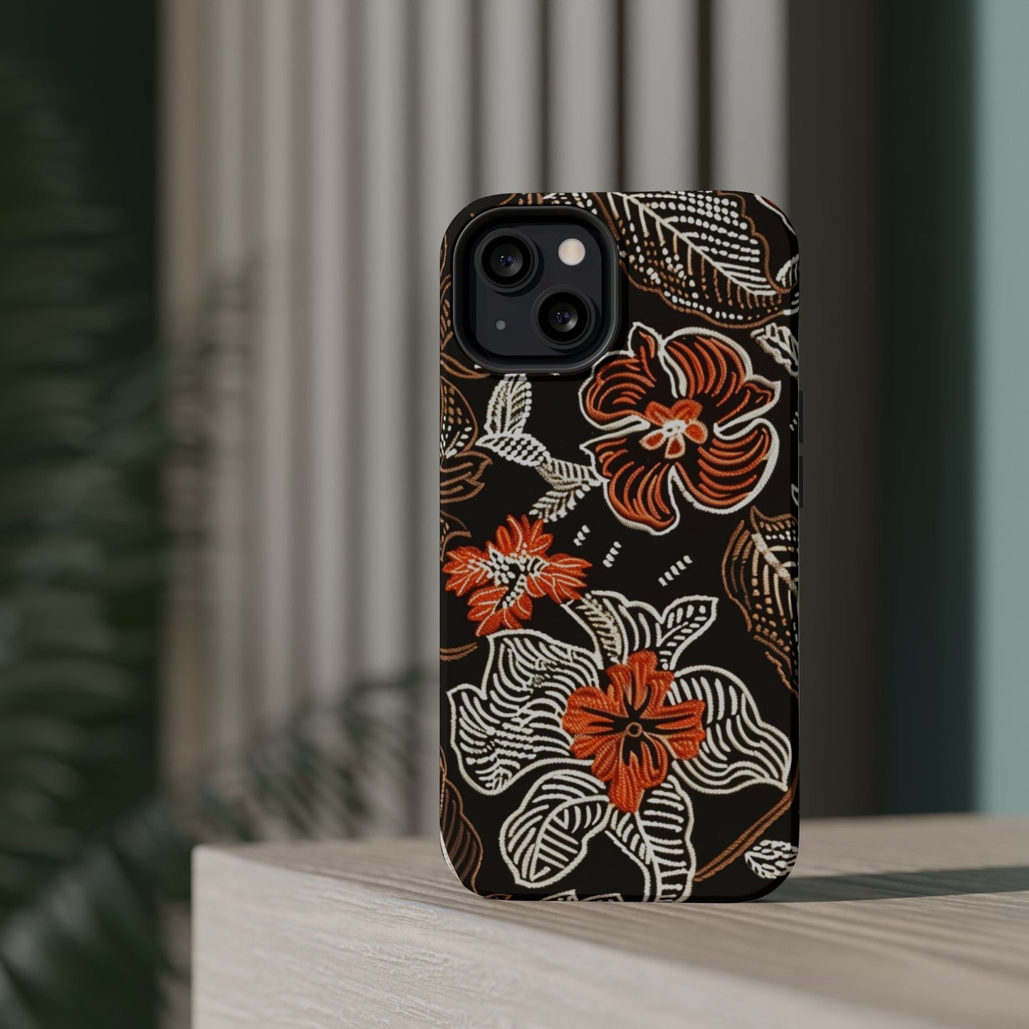 Floral Batik Magnetic Impact Phone Case — Orange & Black Protective Cover - DIGITAL X
