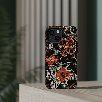 Floral Batik Magnetic Impact Phone Case — Orange & Black Protective Cover - DIGITAL X