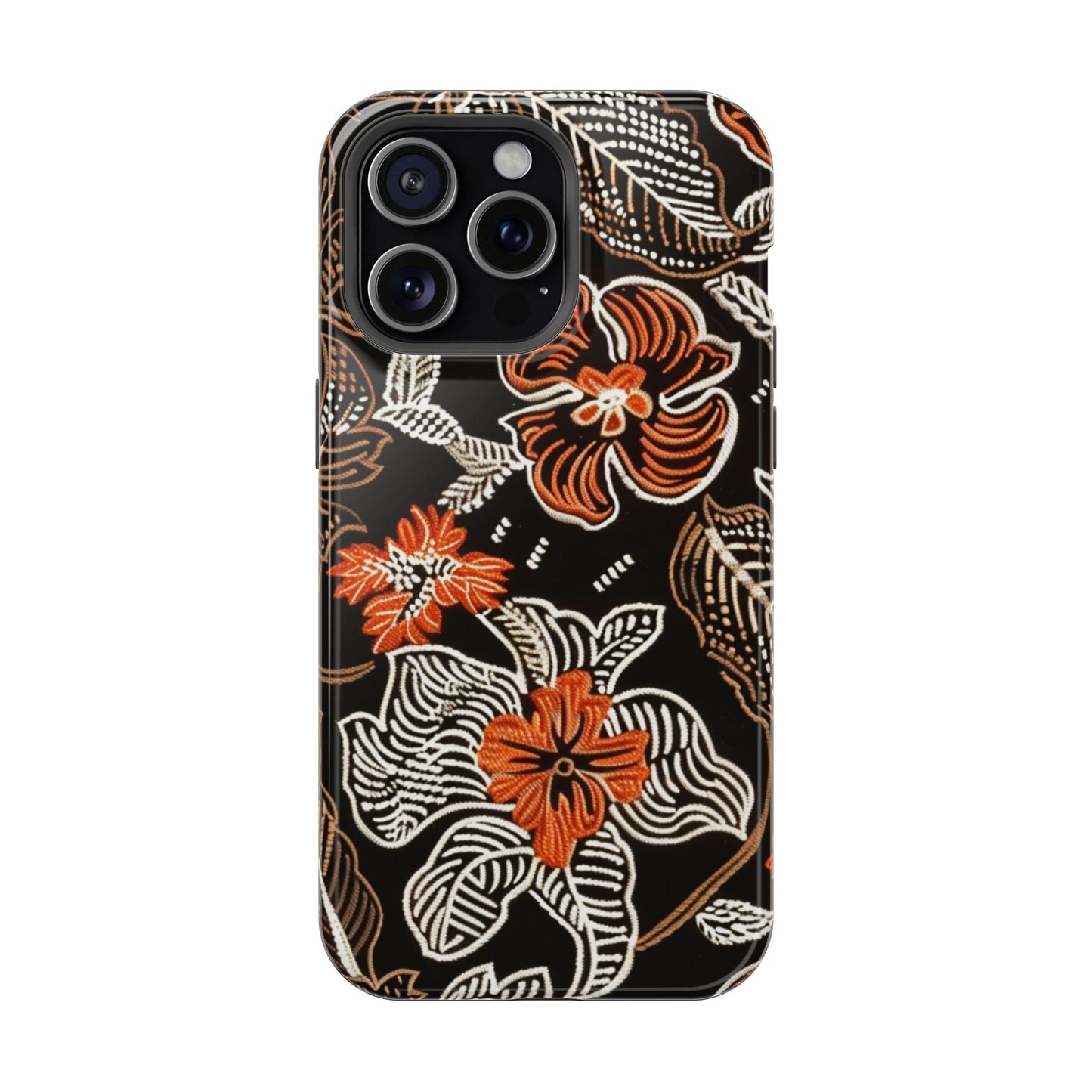 Floral Batik Magnetic Impact Phone Case — Orange & Black Protective Cover - DIGITAL X