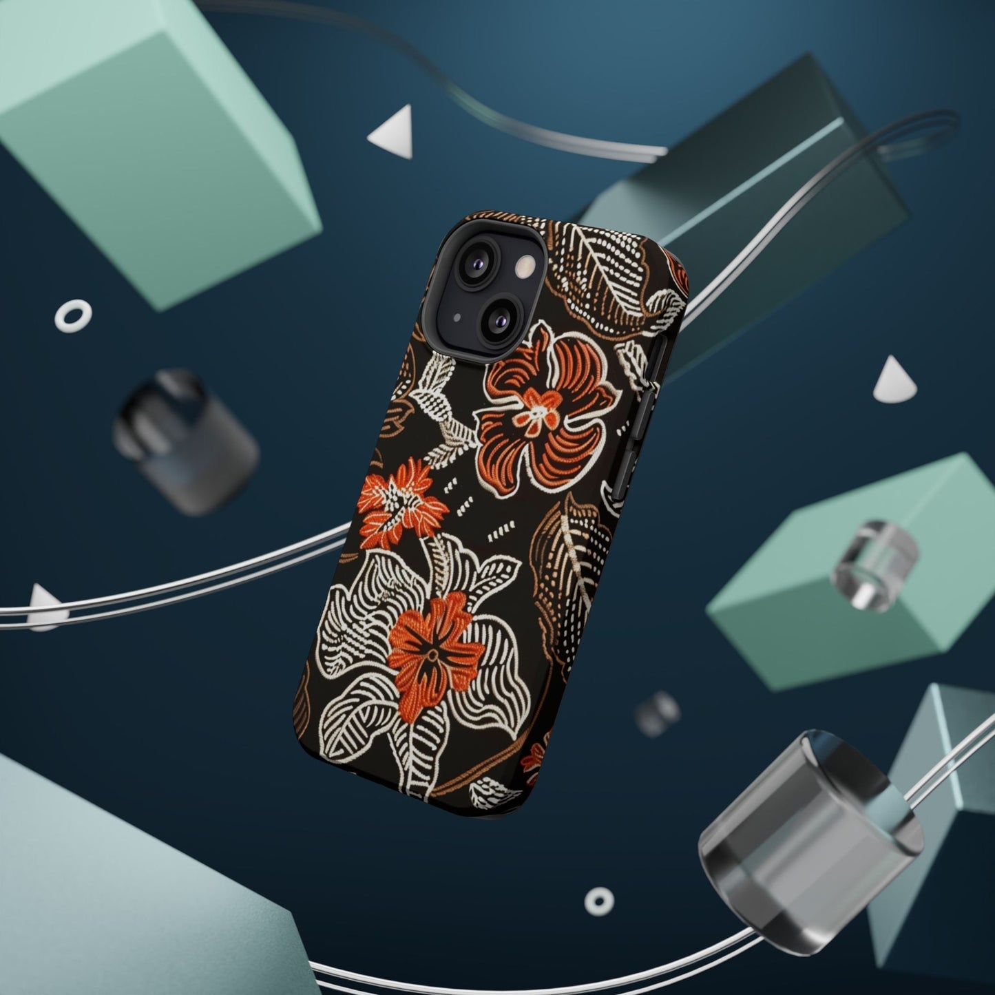 Floral Batik Magnetic Impact Phone Case — Orange & Black Protective Cover - DIGITAL X