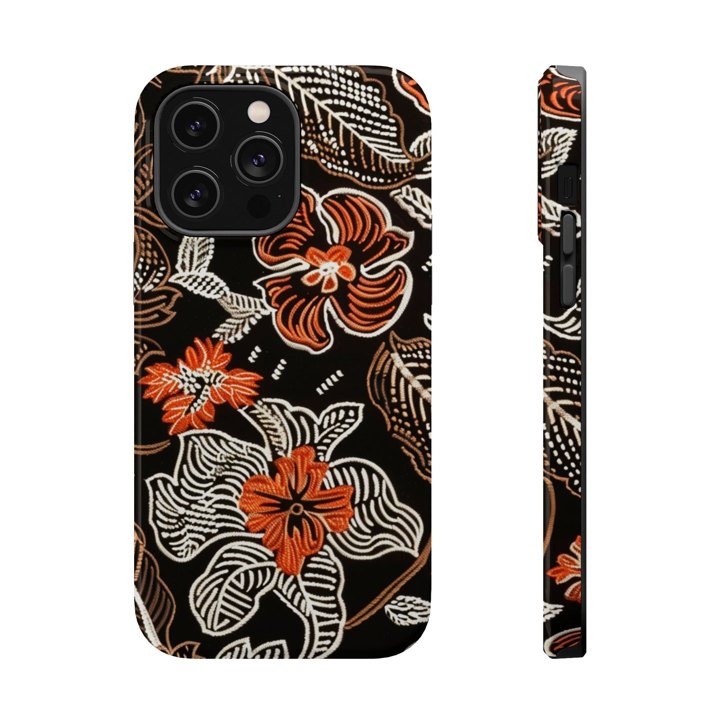 Floral Batik Magnetic Impact Phone Case — Orange & Black Protective Cover - DIGITAL X